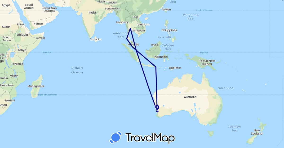 TravelMap itinerary: driving in Australia, Indonesia, Malaysia, Singapore, Thailand (Asia, Oceania)